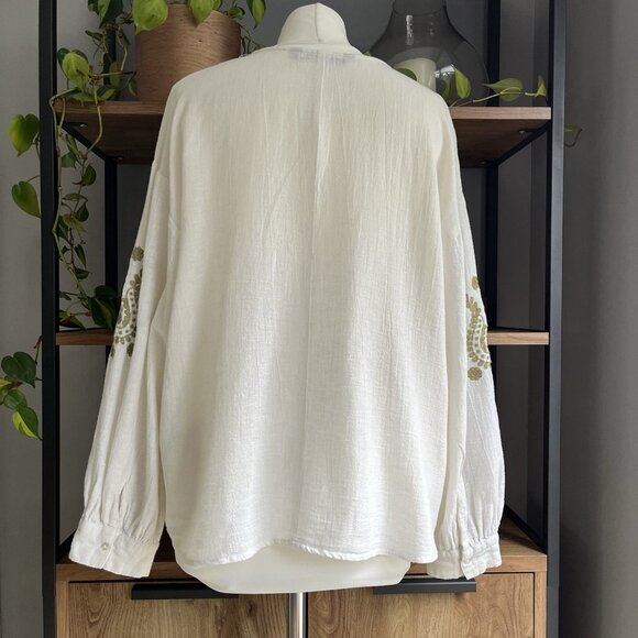 Zara Embroidered Top L 12 14 Ecru & Green Boho Peasant Balloon Sleeves Worn Once - Picture 2 of 6